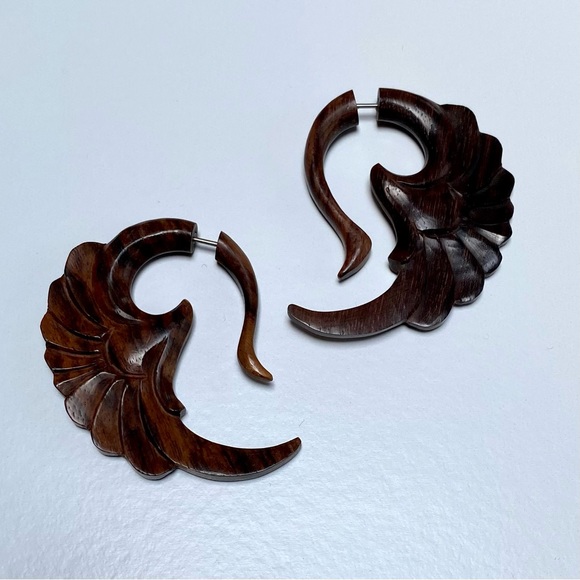 Teak Wood Faux Gauges / Stud Earrings - Picture 2 of 2